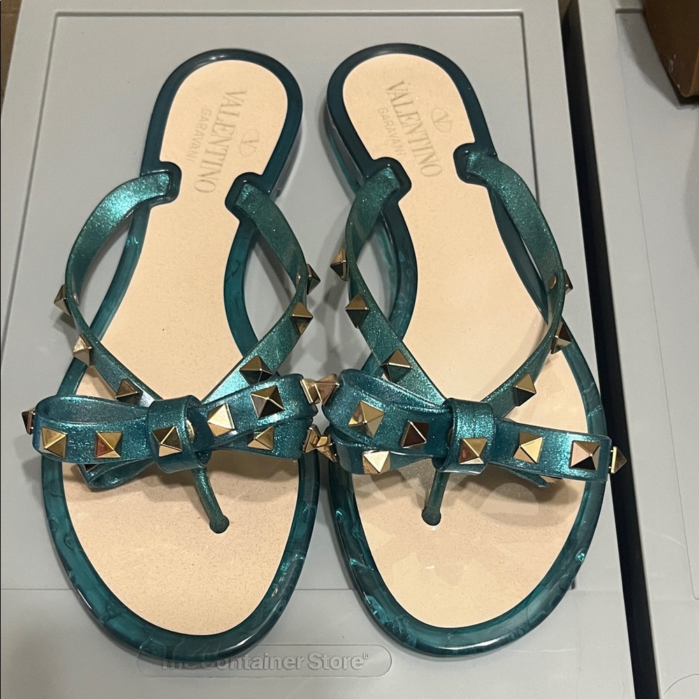 Valentino Teal Sandals with Gold Studs